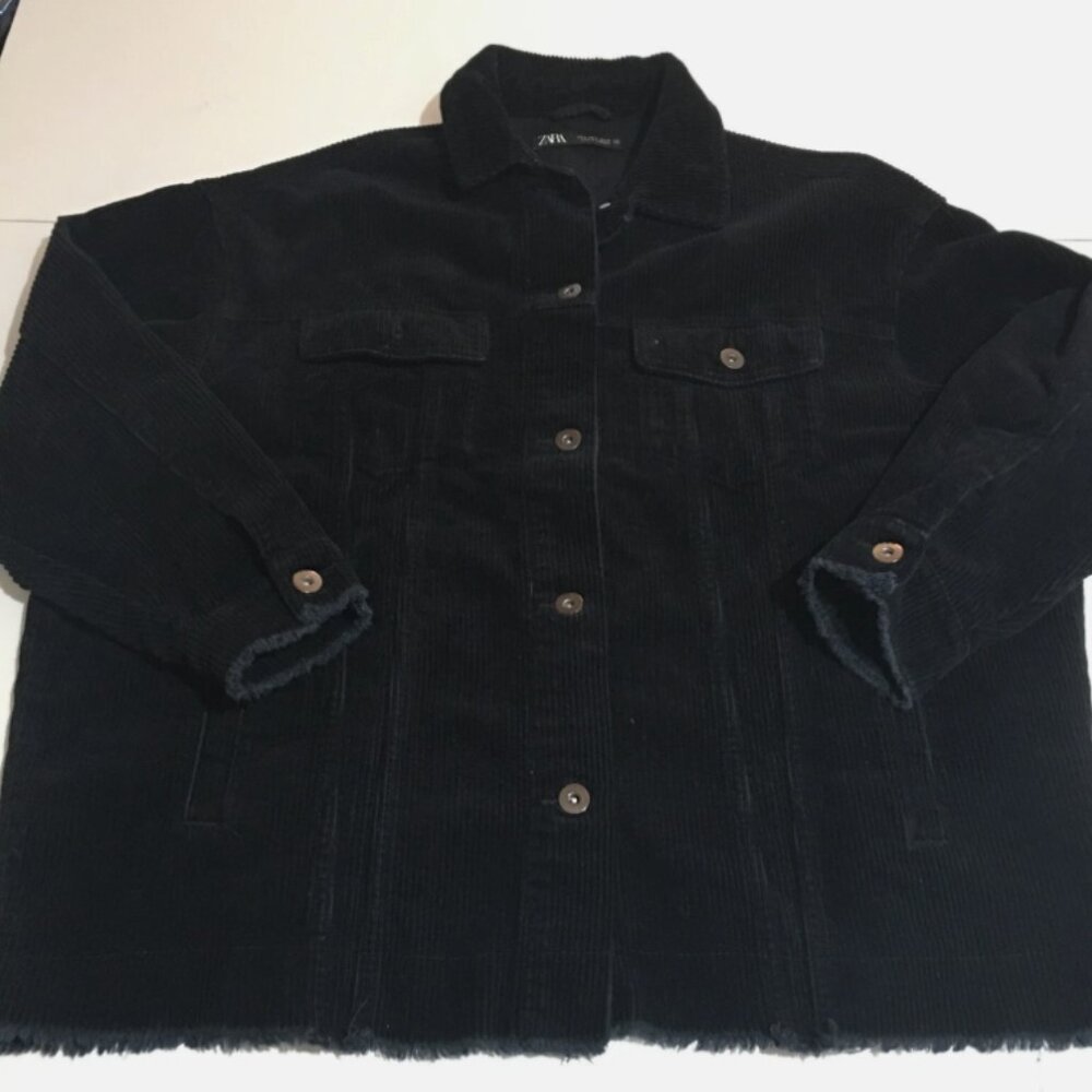 Zara Corduroy Shacket Womens Small Black Jacket Oversized Raw Hem Pockets Boho